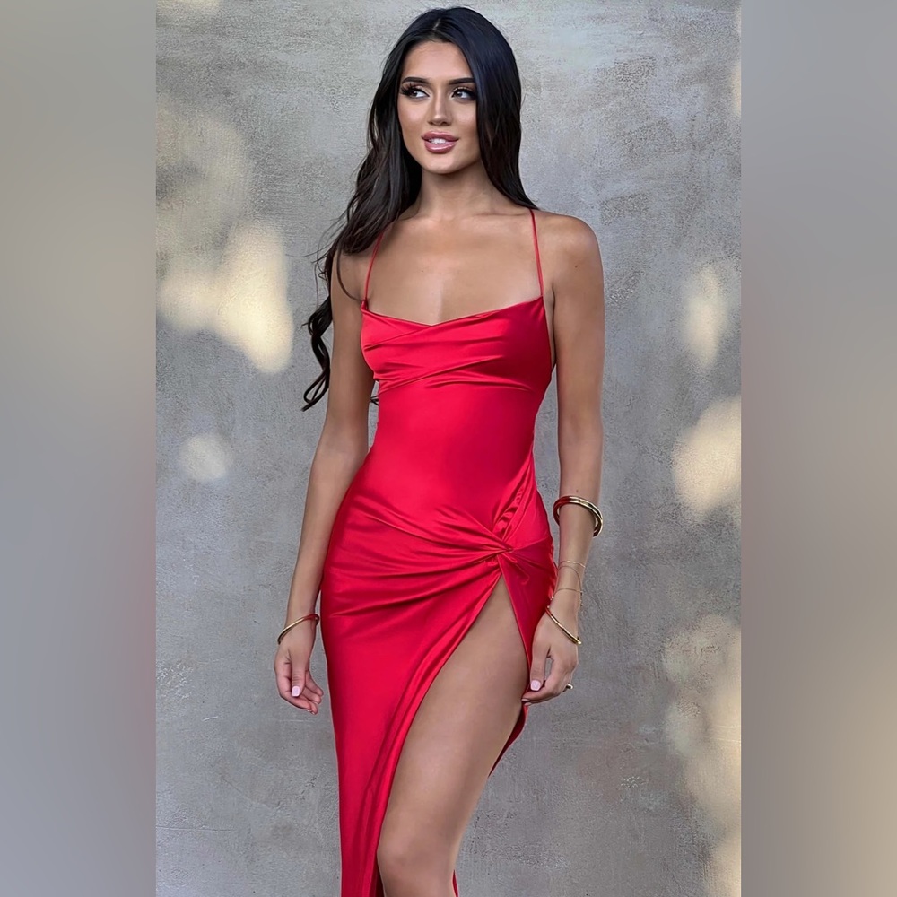 Red midi dress with thigh high slit